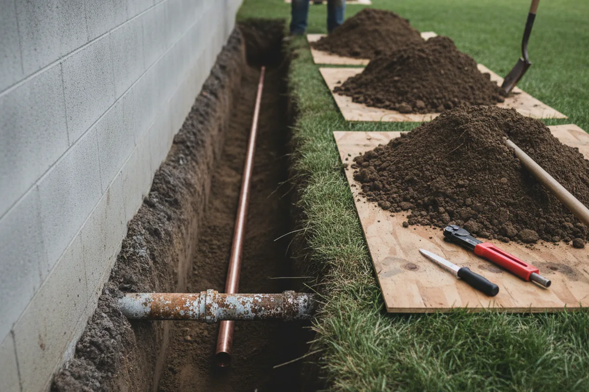 Excavated water line trench during Sewer Line Repair in Utica
